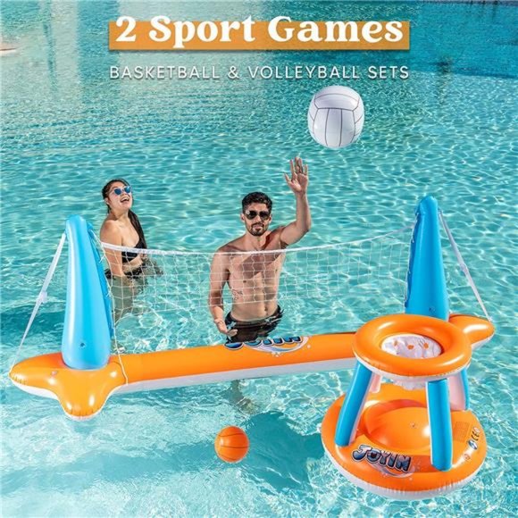 Inflatable Pool Float Set Volleyball Net&Basketball Hoops,Floating Swimming Game - Picture 3 of 7